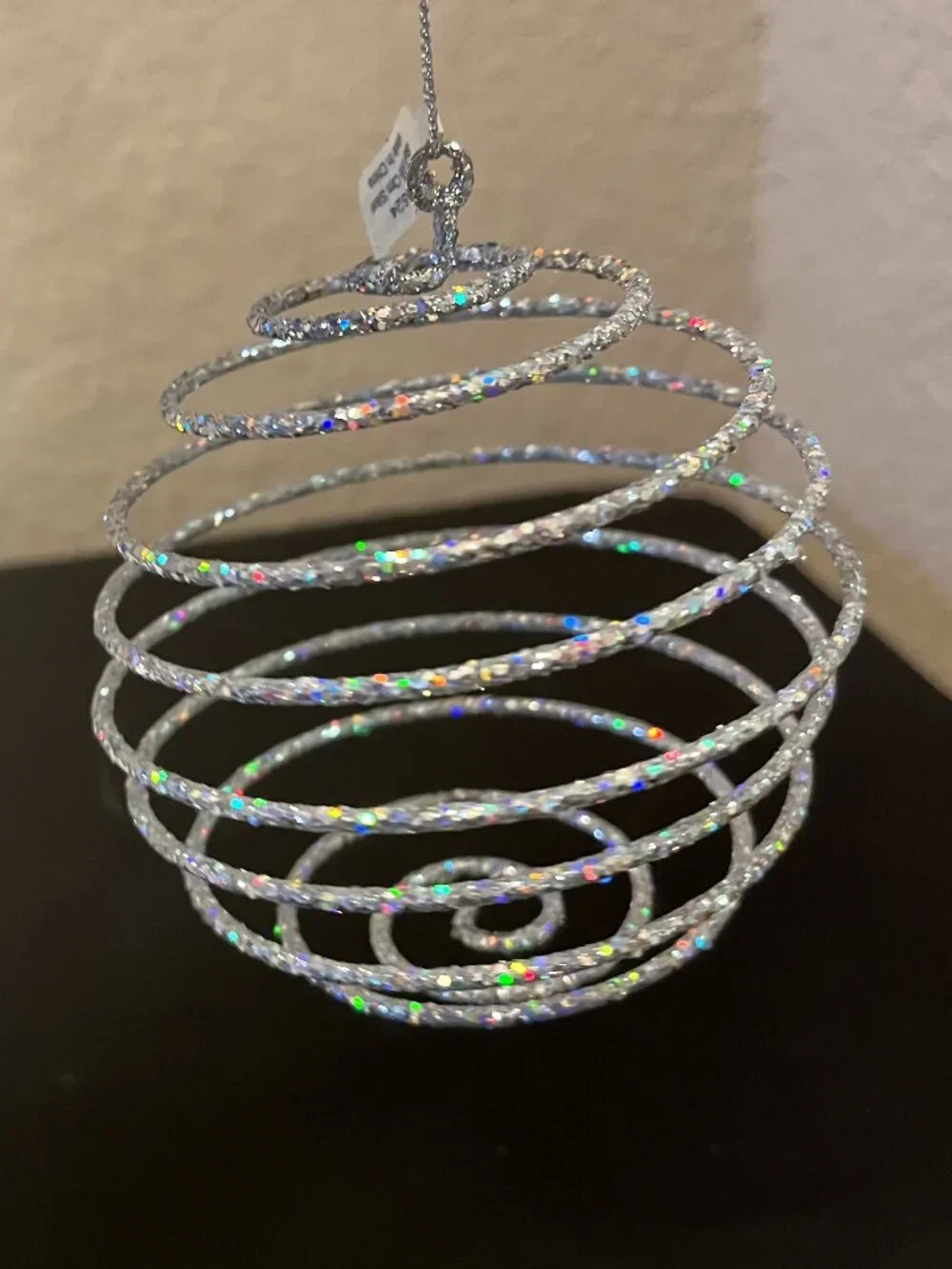 Set of 3 Crate & Barrel Silver Glittery Swirl Style Christmas Tree Ornaments